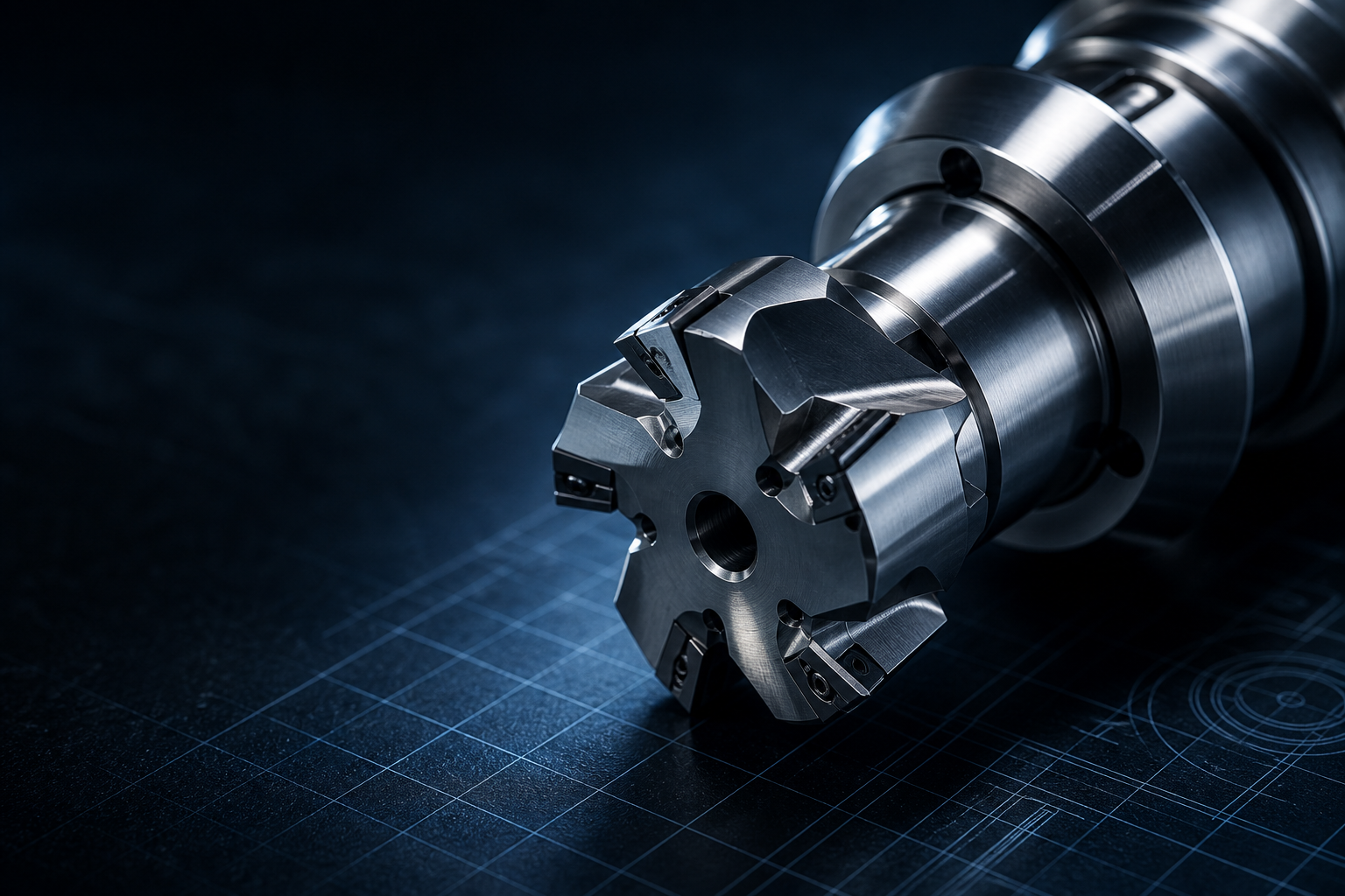 Precision machining and cutting tool head on a blueprint-style surface